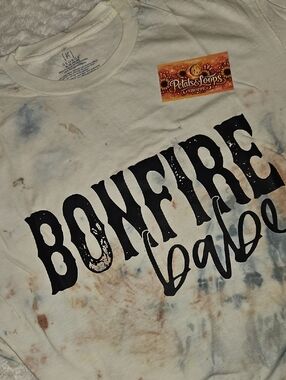 Bonfire Babe" Short Sleeve Tee - White with Black, Brown, Blue Tie-Dye